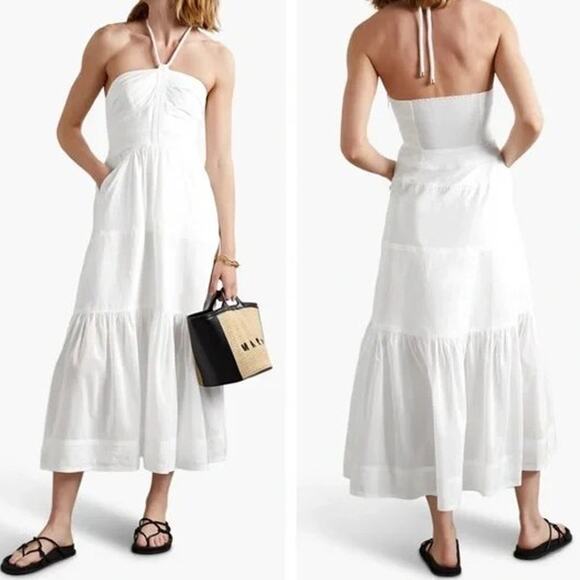 A.L.C. Adelle Dress Halter Tiered Smocked Maxi in White Ivory Shirred Voile Day - Picture 10 of 12